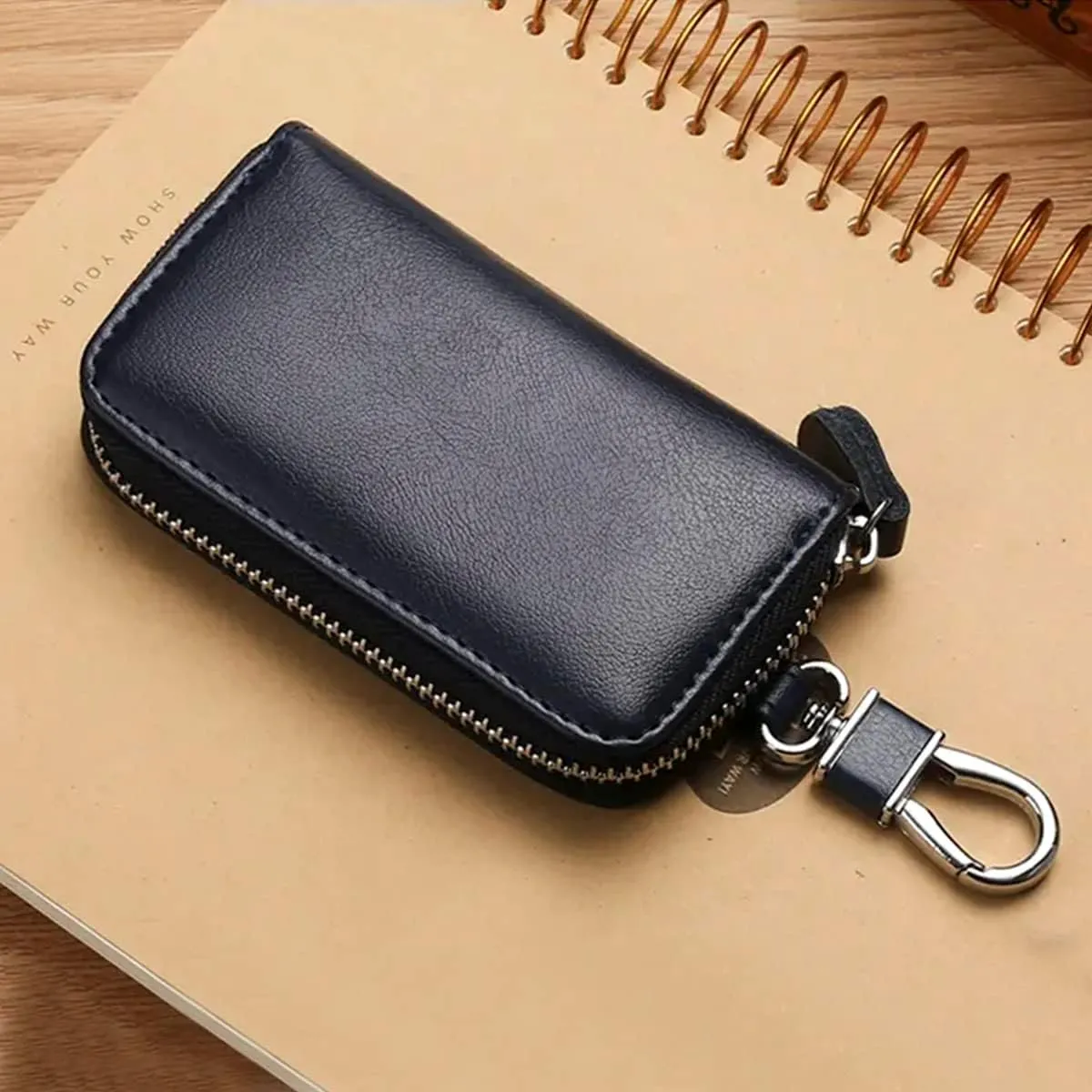 WESTONETEK Unisex Mens Womens Premium Leather Car Key Holder Bag Keychain Case Wallet with 6 Hooks Zipper Closure