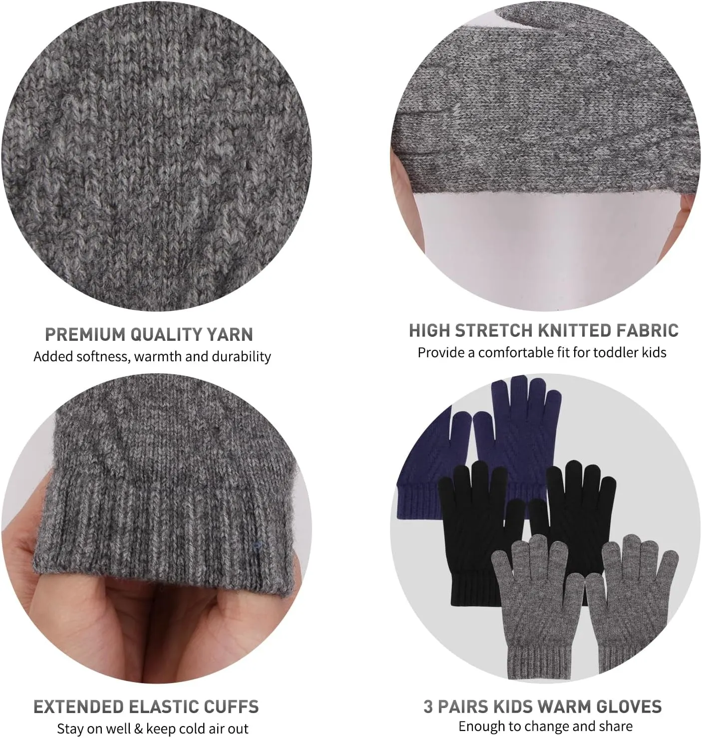 Winter Gloves for Toddler Kids - 3 Pairs Boys Girls Soft Warm Wool Lined Gloves Full Finger Children Knit Gloves