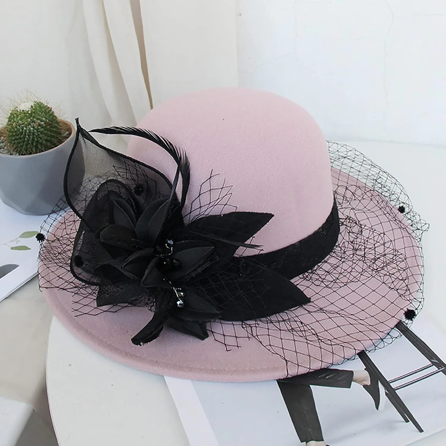 Women Flower Church Cloche Hat Winter Flapper Hat Lady Fedora Bucket Hat Cap Vintage 1950s Bowler Hat