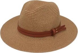 Womens Wide Brim Straw Sun Hat Panama Fedora Summer Beach Hat Beige